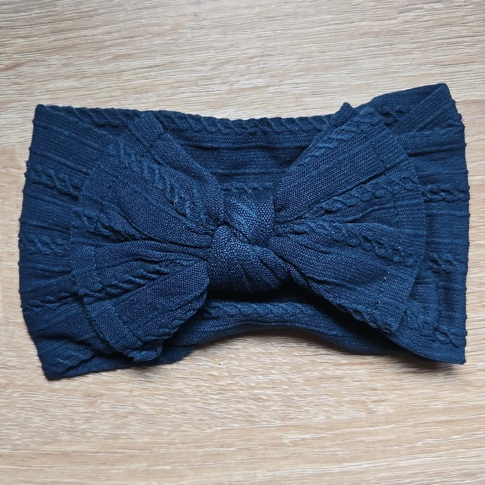 Boho Kids Bowknot Headband Navy Blue Cable Knit Baby Turban Stretchy Hairband